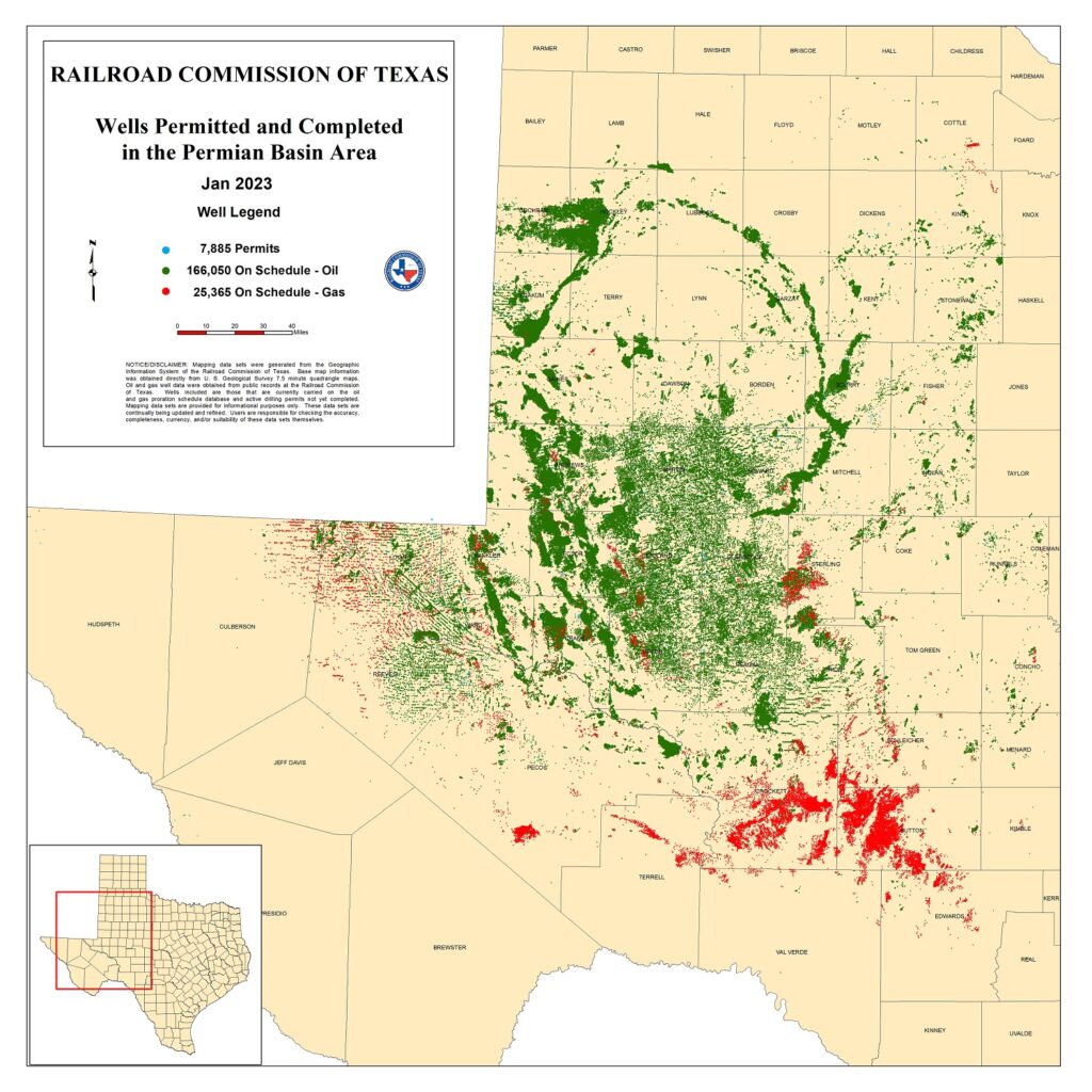 Map of Permian Basin oil and natural gas fields in 2023.
