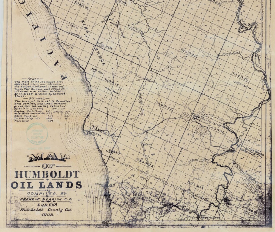 Detail of a 1908 Humboldt County Oil Ma" that includes post-Civil War wells that attracted more drilling and commercial wells by 1892. 