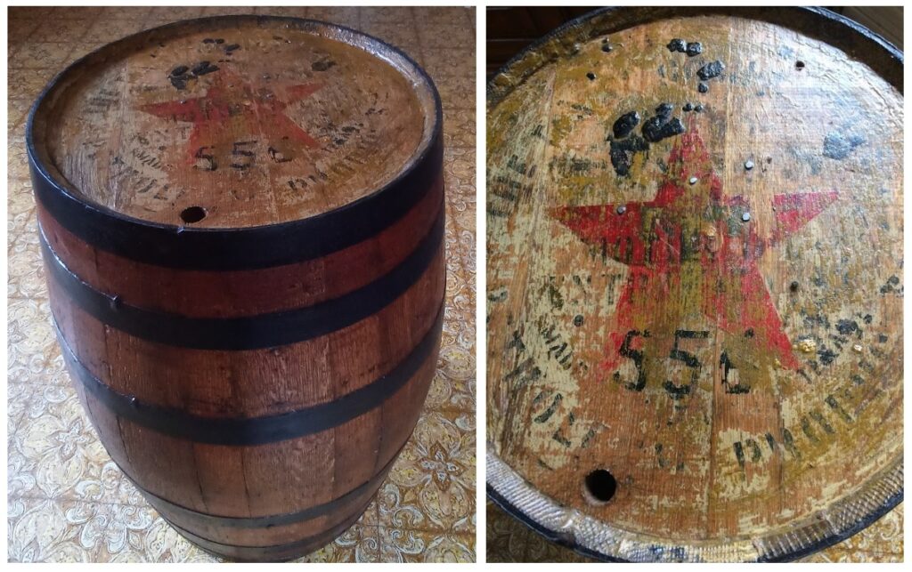 Top and side view of a wooden petroleum barrel.