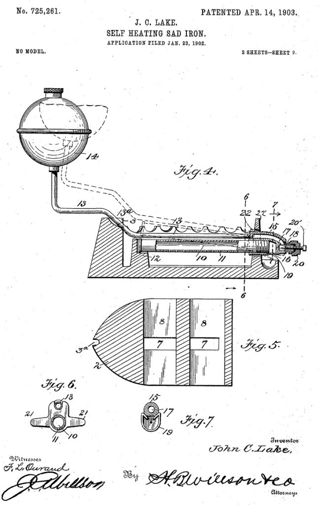 1903 patent for Self-heating sad-iron.