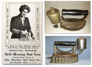 Advertisment and two photos of gasoline-fueled "self-worming sad irons.