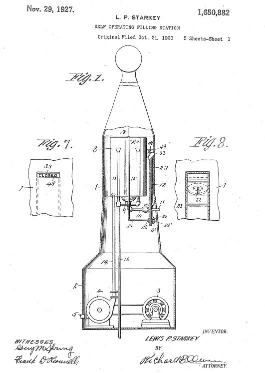 “Self-Operating Filling Station,” patent drawing by Lewis Starkey of Fort Collins, Colorado, in 1927.