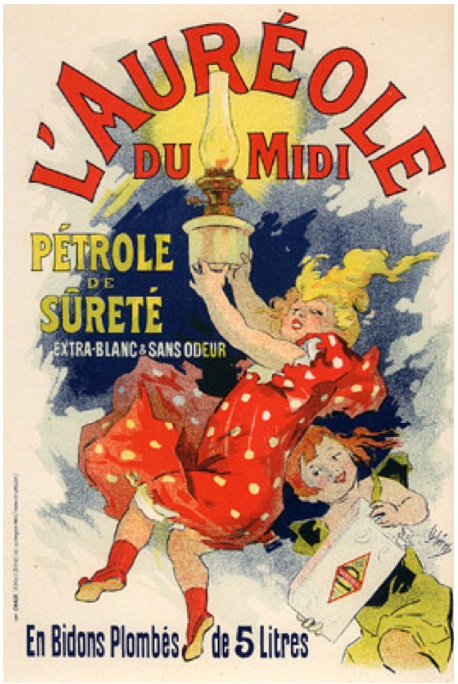 Saxoleine, "The Halo of the South" a Frech lamp oil promoted in an 1895-1900 lithograph posters by Jules Chéret. 