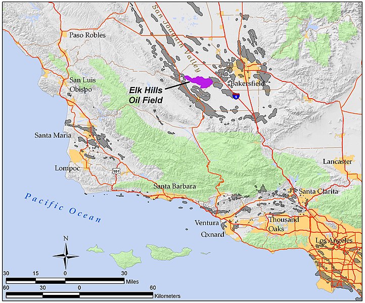Map of the Elk Hills oilfield, discovered in California in 1911, 