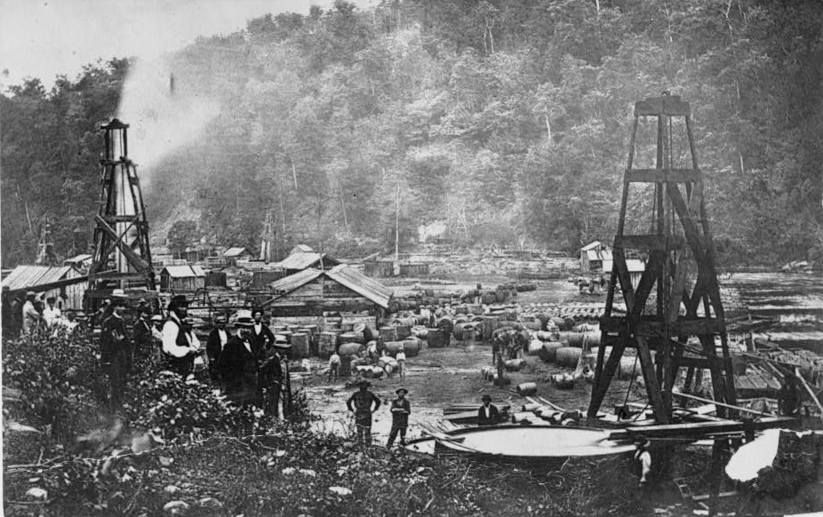 Oil wells on the Tarr Farm north of Oil City, Pennsylvania, from an 1861 photograph by John Mather of Titusville. 