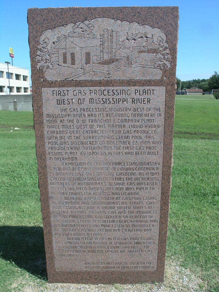 Gas processing industry historic marker in Glenpool erected in 1972 by Oklahoma Historical Society with Oklahoma Petroleum Council. 