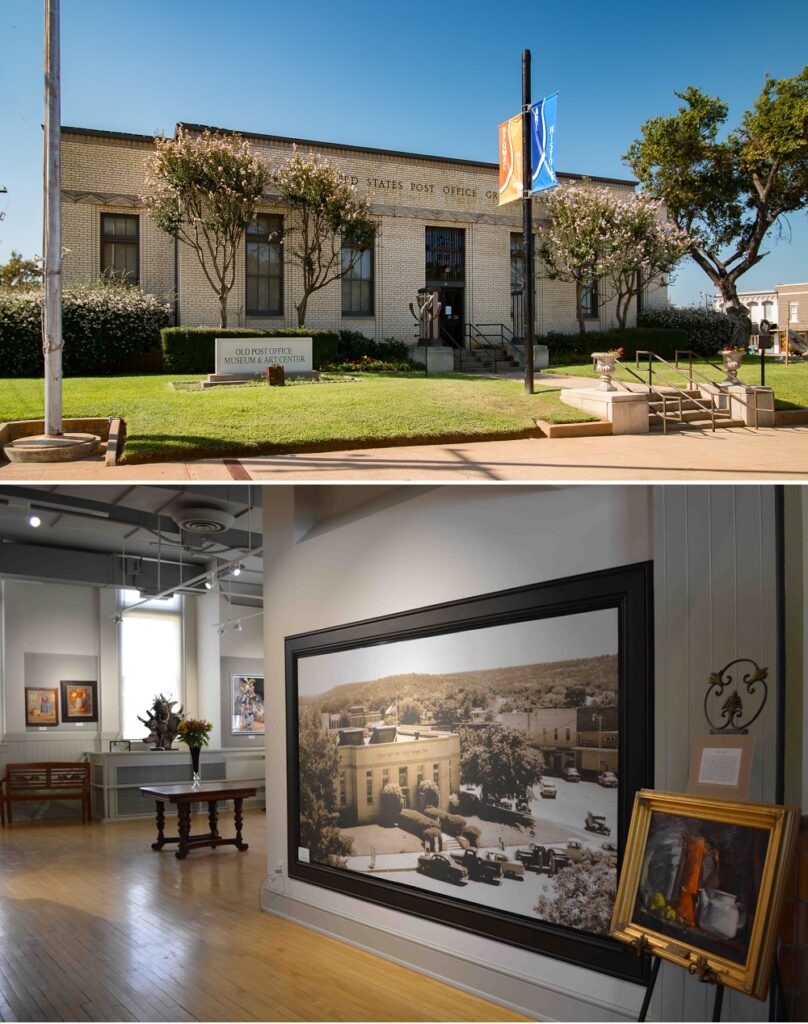 Exterior of Graham Post Office in Texas and interior of artwork in museum.