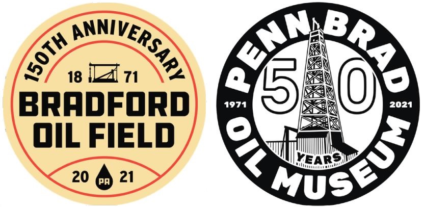 Anniversary logos for the Bradford, PA, celebrations of a giant oilfield discovery in 1871 and an oil museum opening 100 years later.