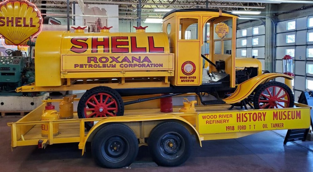 A Shell gas truck exhibit inside the Wood River Refinery History Museum is in front of the Phillips 66 Refinery at Roxana, Illinois.