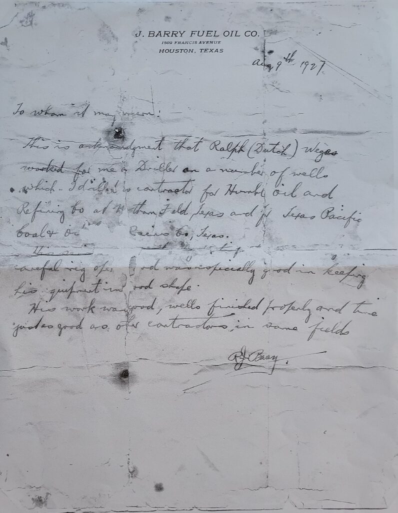 Marianne Jans' scan of the  August 1927 Barry Fuel Oil Company's letter of recommendation for her great-great uncle, Ralph "Dutch" Weges.