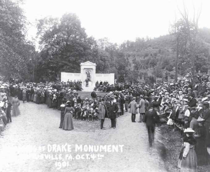 Hundreds attended the October 4, 1901, dedication of the Edwin Drake memorial in Titusville, Pennsylvania.