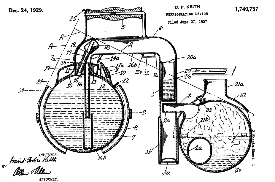 A patent drawing submitted in June 1927 for an "icy ball" refrigeration appliance.