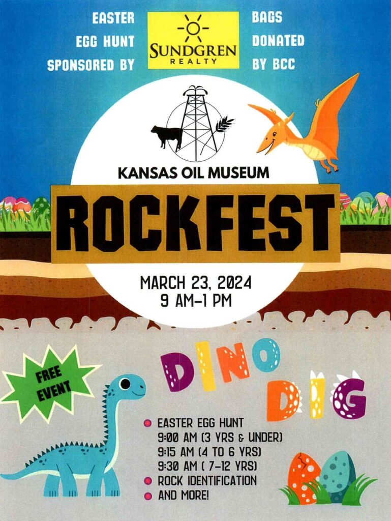 Poster promoting Kansas Oil Museum annual Rockfest March 23, 2024.