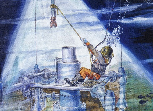“Stabbing in" offshore roughneck painting by Clyde Olcott, 2007.