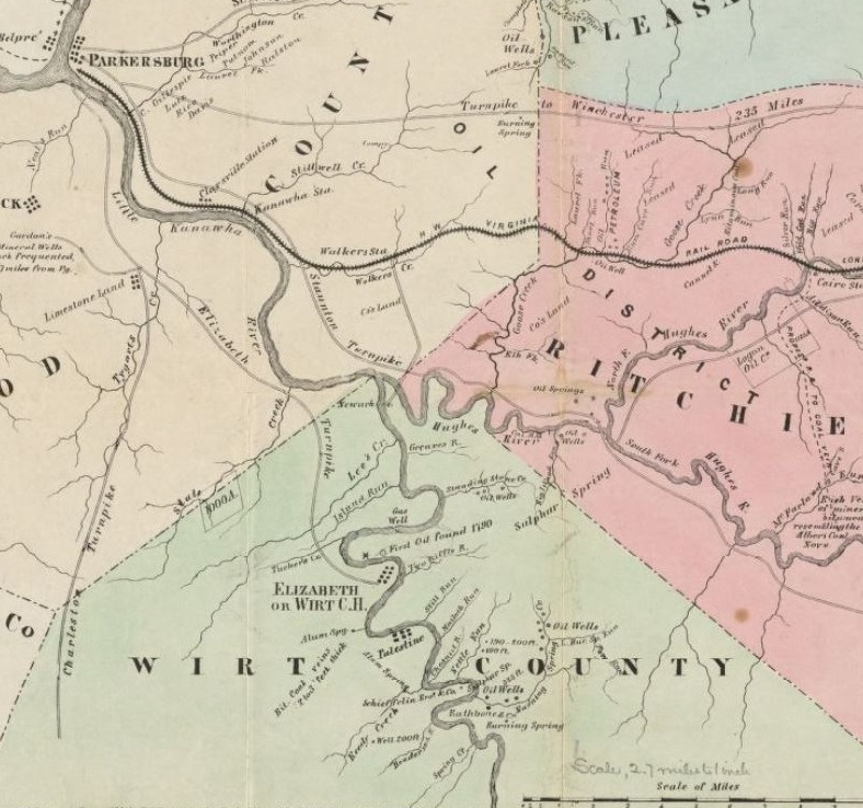 Detail from an 1864 "Map of the oil district of West Virginia," including Burning Springs (at Elizabeth) in Wirt County. 