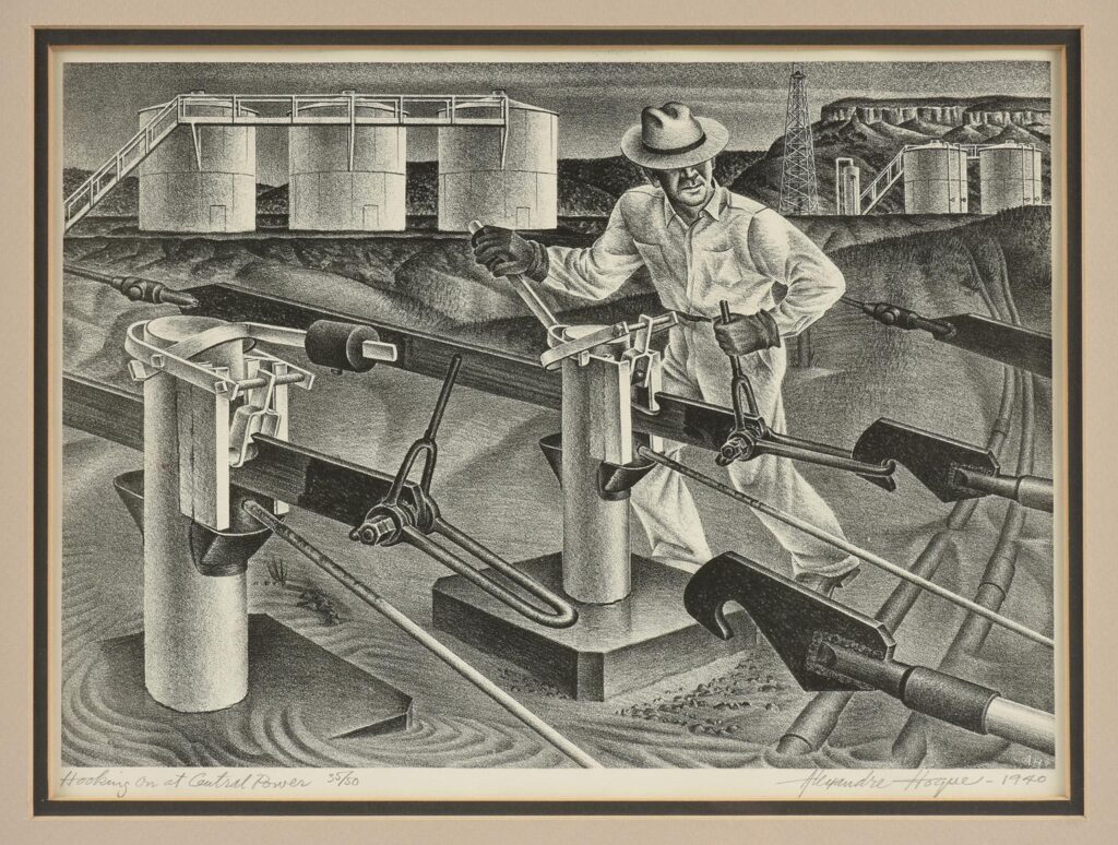 An oilfield worker at wellhead with pipelines.