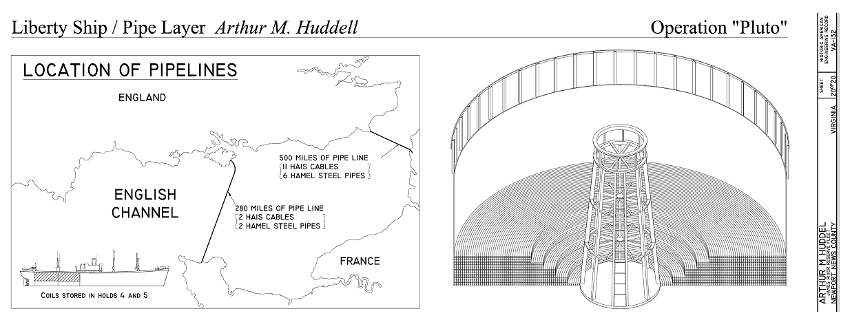 Drawing detail of English Channel pipelines and pipeline circular storage area in the ship.