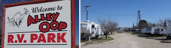 Sign and view of Alley Oop RV Park.