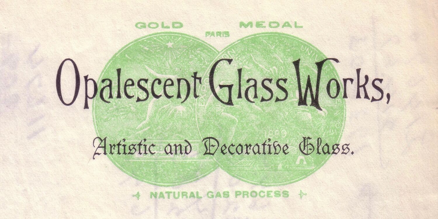 Opalescent Glass Works promotion card for its gold medal at the 1889 Exposition Universelle in Paris for its "natural gas process" glass.