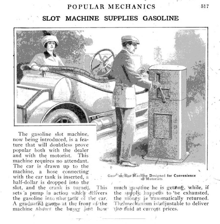 Page 517 of October 1913 Popular Mechanics with illustration of man at coin-operated pump as his wife watches from the car.