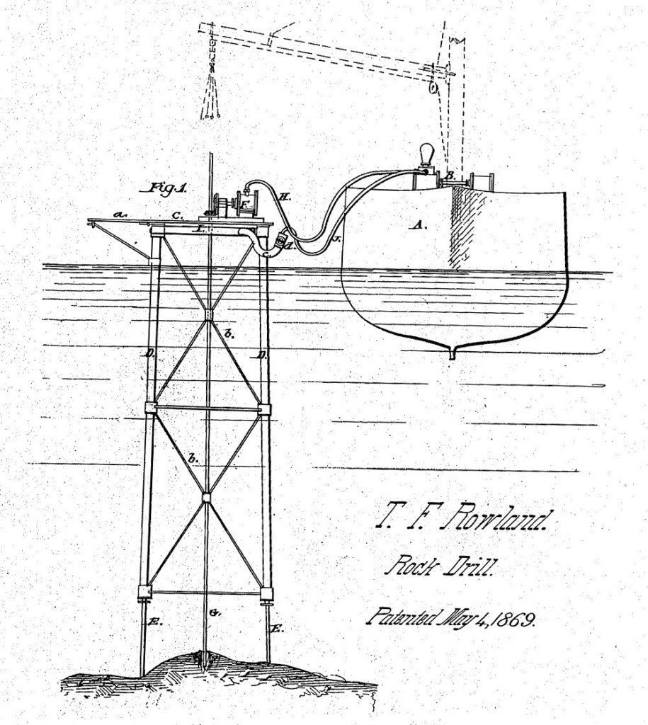 May 1869 offshore drilling rig patent drawing by Thomas Rowland shows a tender vessel with crane along side of the rig.