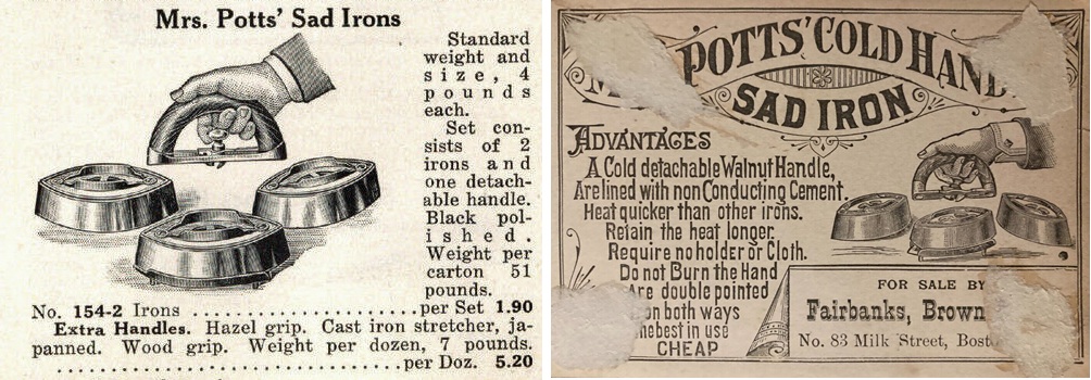 Two advertisements for Mrs. Potts Sad Irons.