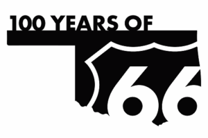 Oklahoma logo with state outline and upper part of Phillips 66 logo and word 100 years above.