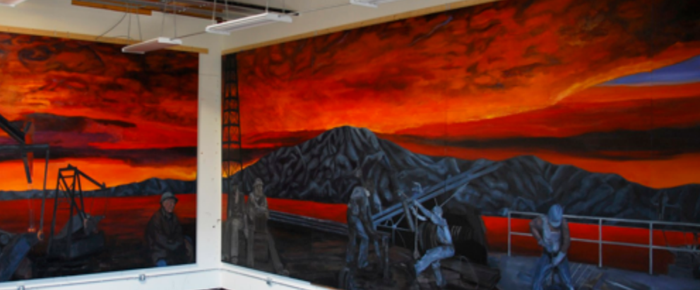 View of two moveable panels of Barbara Fritsche mural "Oil and Guts."