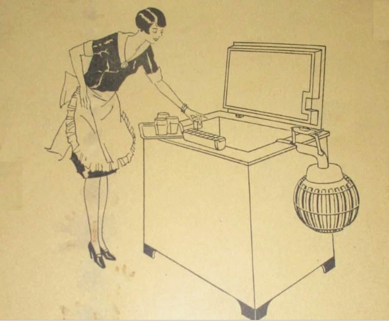 A woman stands beside an open cabinet with an Icy Ball attached. She is adding ace cubes to a tray of drinks.