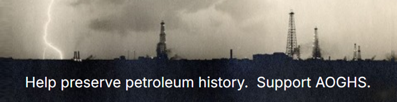 Dramatic nighttime scene of a lightning strike among derricks in New Mexico oilfield. White text of "Preserve petroleum history. Support AOGHS."
